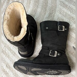 UGG Kensington Black Suede Leather Australia Biker Boots Buckle Sz 7 Sz 38